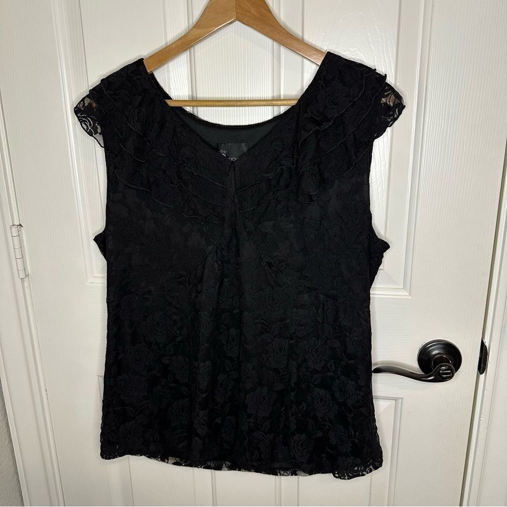 VTG First Option Too! Black Floral Ruffle Lace Tank Top Blouse Sz 1X Whimsygoth